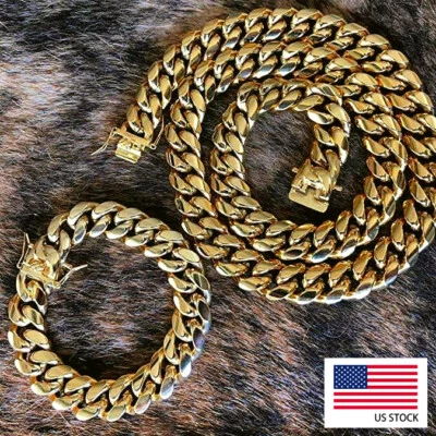 Juego combinado de cadena de pulsera de eslabones cubanos Miami de acero inoxidable para hombre enchapado en oro de 14K Foto 1 de 4