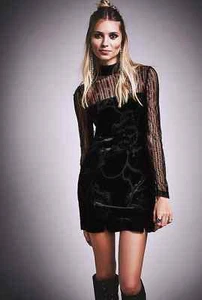 NEU Gr. 8 Free People schwarz Seide Blumen Ausbrenner Samt Minikleid Spitzenärmel - Bild 1 von 5