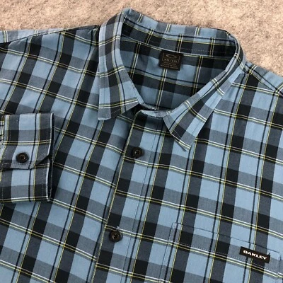 Camisa Oakley Abotonada Para Hombres XXL Azul A Cuadros Manga Larga Bolsillo Logo Mezcla de Algodón Foto 1 de 4