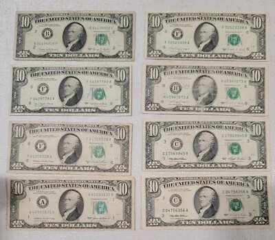 Set Of 8 $10 Bills Old US Currency 63,77,81,85,88,90,93,95 - Image 1 of 2