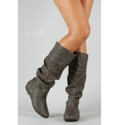  Plus Size 34-51 Ladies Mid Calf Boots Party Plicated Pull On Hidden Heels Shoes - Image 1 of 4