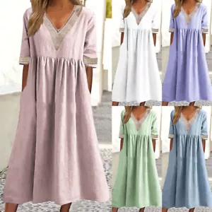 Ladies V-neck Lace Pockets Casual Baggy Linen Cotton Long Kaftan Dress PLUS SIZE - Picture 1 of 13