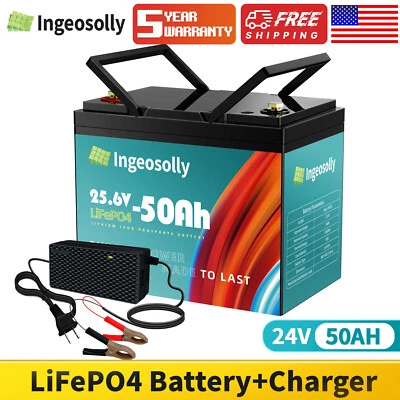 INGEOSOLLY 24V 50Ah Lithium LiFePO4 Battery 6000+ Deep Cycle BMS for RV Solar Boat Off-grid