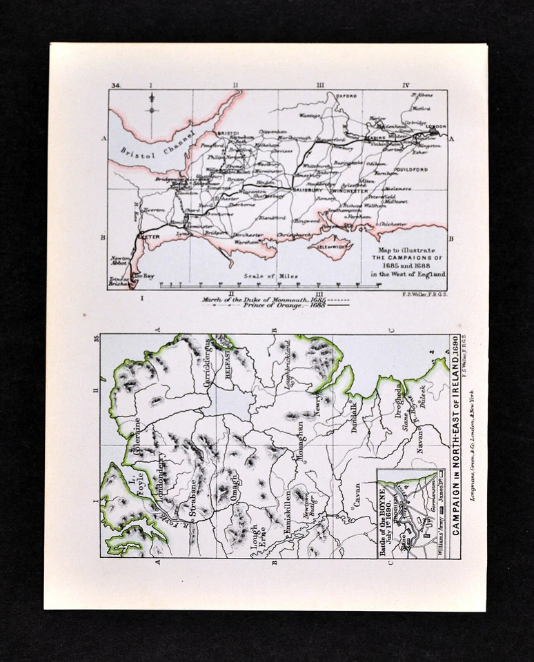 Карта 1892 Северная Ирландия кампания битва при Бойне и Западной Англии в 1685 оригинал - Изображение 1 из 1
