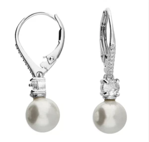 Shell pearl round drop earrings, solid Sterling silver, lever fitting. Gift box - Picture 1 of 2