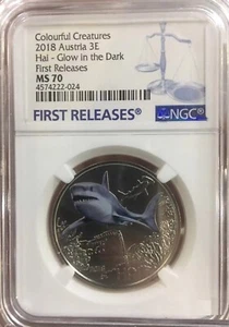 NGC MS70 Austria 2018 3Euro Coin - Hai - Shark - Glow in the Dark - Picture 1 of 2