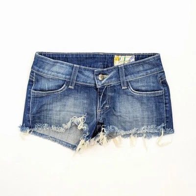Y2K Vintage 00s Blue Stone-Wash Denim Raw Distressed Cut-Off Mini Shorts Size 24 - Image 1 of 4
