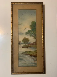 Vintage Japanese Silk Watercolor Mt Fuji Village Scene Signed Oki w Seal - Picture 1 of 6