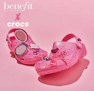 Crocs HTF Limited Edition Benefit Cosmetics Glitter Pink Clogs Size W8 Jibbitz - Picture 1 of 10