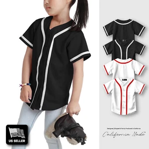 Kids Baseball Button Down Jersey Stripe Toddler Boys Girls Tee Uniform Sports - Picture 1 of 29
