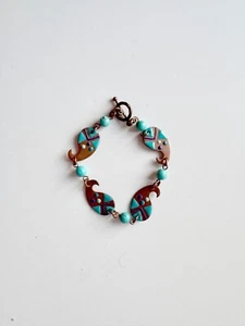 Vintage K.A Copper Turquoise Enamel Painted Beaded Chain Link Bracelet - Picture 1 of 8