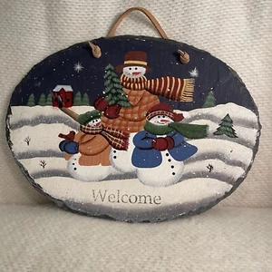 Welcome Snowman Painted Oval Slate Plaque Door Hanger - Picture 1 of 3