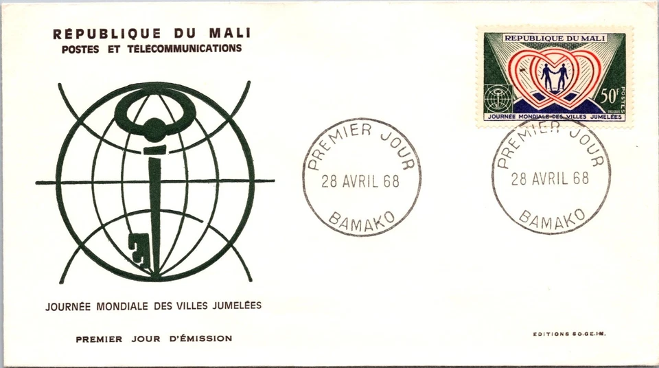 Malí 1968 FDC - Día Mundial de las Ciudades Gemelas - Bamako - F72224 Foto 1 de 2