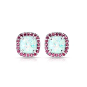 Cushion Cut Halo Simulated Opal & Garnet Stud Earrings in Sterling Silver - Picture 1 of 3