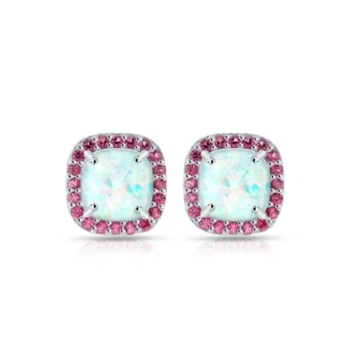 Cushion Cut Halo Simulated Opal & Garnet Stud Earrings in Sterling Silver - Image 1 of 3