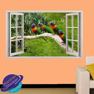 COLORFUL PARROTS WILD FOREST 3D WINDOW WALL STICKER ROOM DECORATION DECAL MURAL - Picture 1 of 3