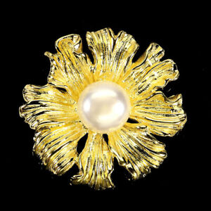 Round White Pearl 11mm Gemstone 925 Sterling Silver Flower Jewelry Brooch