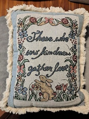 Needlepoint/Tapestry Pillow 11"X14" Bunny And Flowers Gingham Fringe Adorable.   - Image 1 of 4