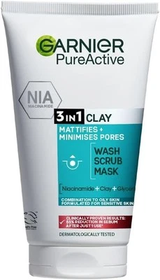 Garnier Pure Active 3 in 1 Clay Cleanser Wash Scrub Exfoliating Blackhead 150 ML - Image 1 of 4