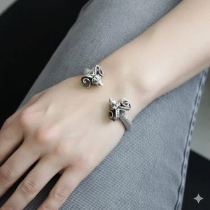 Silber Armspange Offen, Verstellbarer Armreif mit Widderkopf, Sternzeichen Widde - Bild 1 von 14