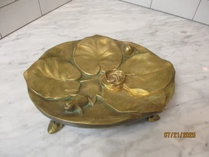 Antique French Art Nouveau Gilded Bronze S. Huygens Footed Tray W/Lily Pads Frog - Picture 1 of 8