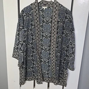 Max Studio Black Blue Paisley Floral Open Front Cardigan Kimono Medium Boho Swim - Picture 1 of 8