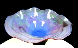 STUDIO ART GLASS ERIN K SIGNED SWIRL DESIGN SCALLOPED RIM 10 5/8" BOWL 2003 - Picture 1 of 8