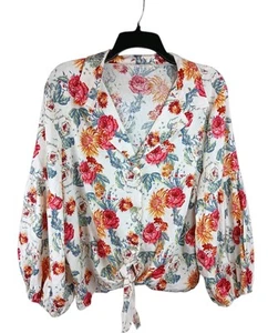 Blusa para mujer Kaktus colorida floral cuello en V talla XL manga globo corbata lino Bld - Imagen 1 de 10