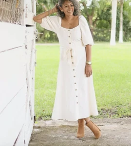 H&M Creped Cotton Dress Puff Sleeves Square Neckline Cream Size M - Picture 1 of 14