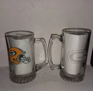 Green Bay Packer Glass Etched Stein & Packer Helmet Miller Lite Mug - Picture 1 of 2
