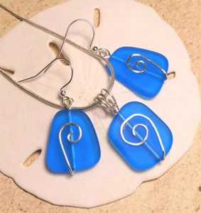 AZURE BLUE Cultured sea glass necklace earrings set 20" chain hand wired design - Picture 1 of 6