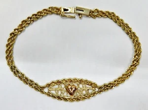 L@@K Beautiful Real 14K Yellow Gold Double Rope BRACELET w Rose Gold Heart 7.25" - Picture 1 of 10