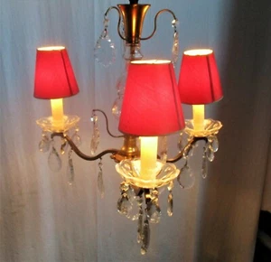 Brass Ornate Chandelier 3 Arms Lights Prisms Hollywood Regency Empire Red Shades - Picture 1 of 11