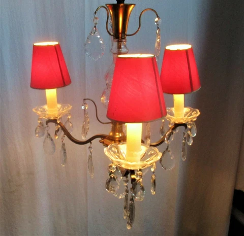 Brass Ornate Chandelier 3 Arms Lights Prisms Hollywood Regency Empire Red Shades Cover