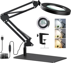 Magnifying Glass with Light and Stand, 5X Magnifying Desk Lamp with Base & Clamp - Picture 1 of 12