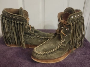El Vaquero Moccasin Fringe Drifter Boots Sz 9.5-10 Eu 41 Suede Leather Italy - Picture 1 of 23