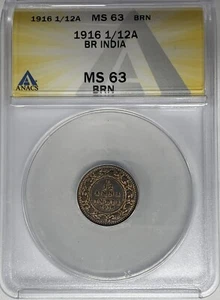 1916 India 1/12 Anna Coin ANACS MS 63 BN W4 - Picture 1 of 2