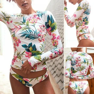 Women Swimsuit Floral Split Wetsuit Swimwear Long Sleeve Print Bikini Beach Set - Picture 1 of 12