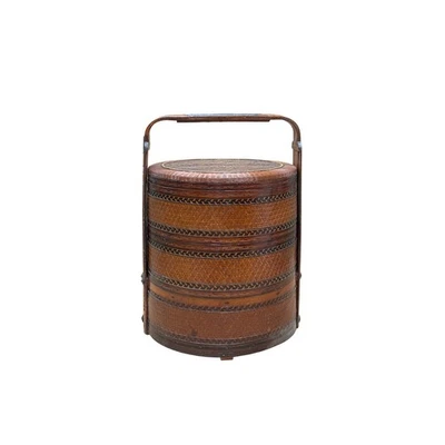 Cesta apilable de ratán marrón hecha a mano oriental vintage con asa GB122 Foto 1 de 4