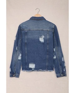 Azura Exchange Blue Lapel Distressed Raw Hem Buttons Denim Jacket Women - Imagen 1 de 15