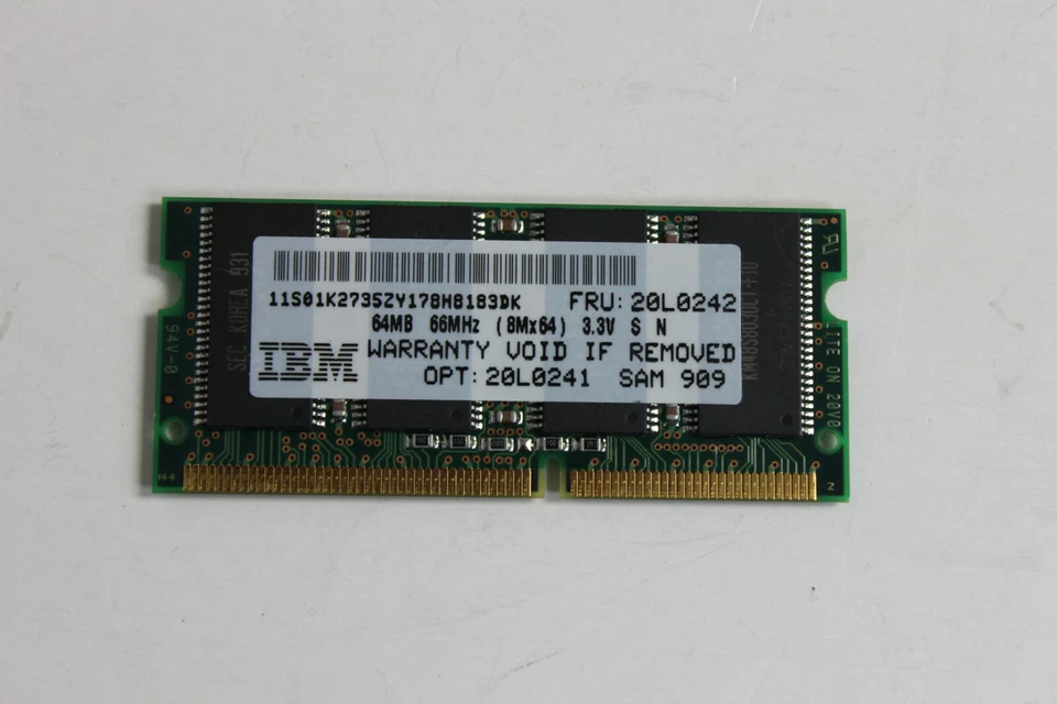 IBM 20L0242 20L0241 01K2735 64MB 144 PIN 66MHZ 3.3V SODIMM MEMORY MODULE - Image 1 of 3