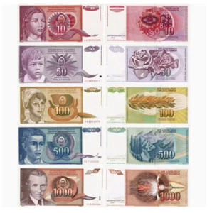 Yugoslavia 5 Pc Set 10 50 100 500 1000 Dinara P 103 104 105 106 107 UNC Banknote - Picture 1 of 2