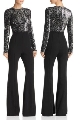 Black Halo Womens 6 Lazaro Sequined Silver Black Leopard Jumpsuit - Image 1 of 4