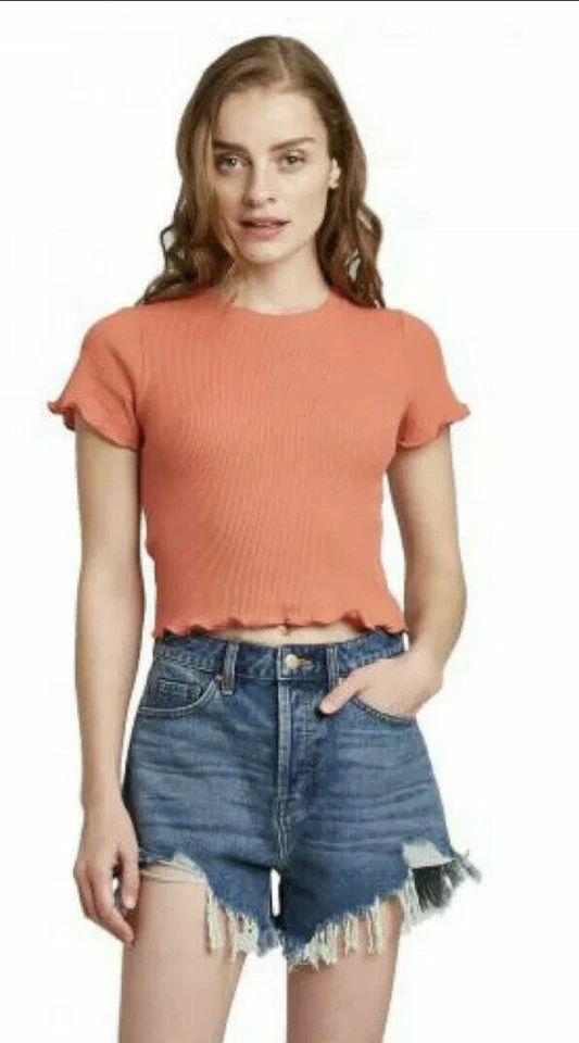 Wild Fable Short Sleeve Thermal Lettuce Hem Crop Shirt Coral Juniors L