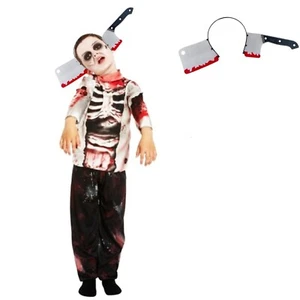 Boys ZOMBIE COSTUME & Cleaver Kids Headband Halloween Fancy Dress Ghost Outfit - Picture 1 of 8