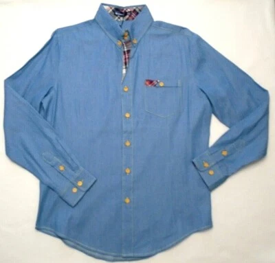 W[dvblju:] Camisa azul manga larga detalles a cuadros abotonada M Foto 1 de 4