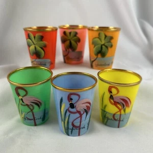 Gatorland Florida Shotglass Set Of 6 Plastic Flamingos Palm Trees Souvenir - Picture 1 of 12