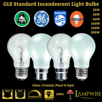 STANDARD GLS LIGHT BULBS BC/B22 ES/E27 CLEAR OPAL PHILIPS GE BELL - Image 1 of 3