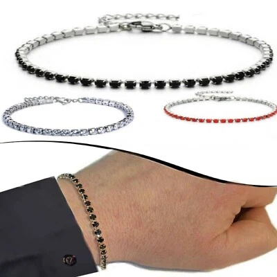 Bracciale tennis nero rosso da uomo braccialetto con zirconi argento regolabile - Immagine 1 di 4