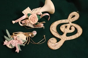 3 Vintage Music Instrument Christmas Ornaments Horn made in Thailand Violin Note - Picture 1 of 9